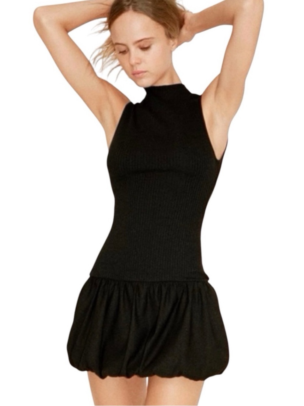 Zara Black Ribbed High-Neck Balloon Hem Mini Dress